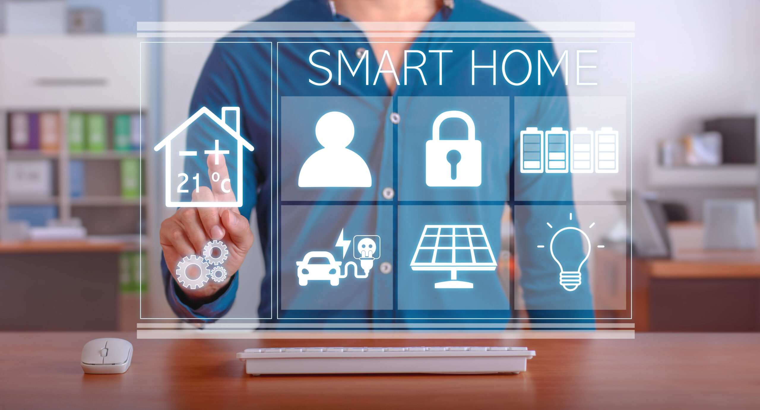 Modern technology for the smart home. Man using the control panel of his smart home.